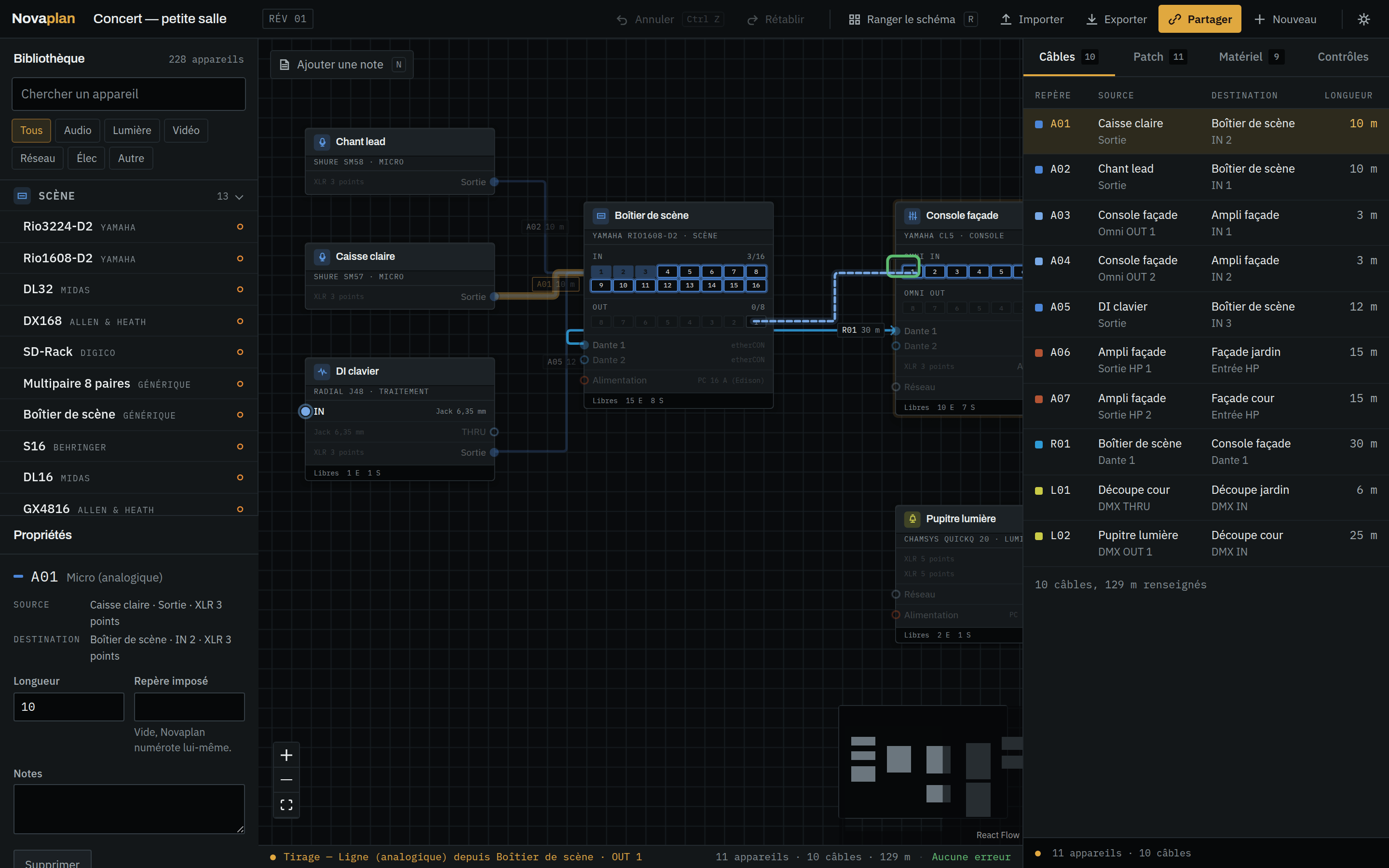 The Technipatch editor mid cable-pull: compatible sockets are lit, the rest are dark.