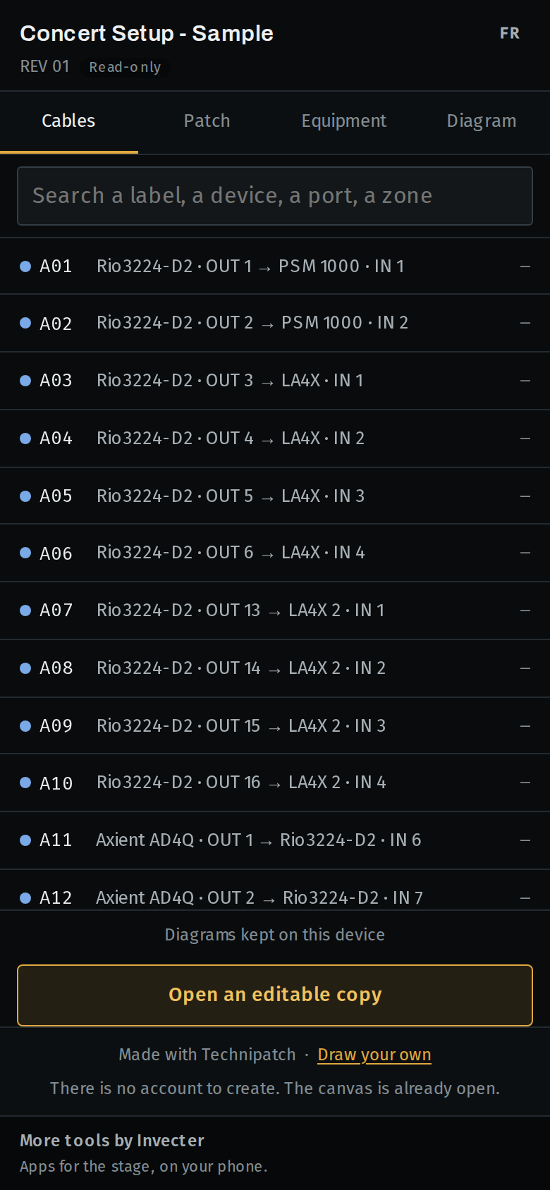The field viewer on a phone: the sound example link opened read-only, with the Cables, Patch, Equipment and Diagram tabs, the search field, and cables A01 to A12.